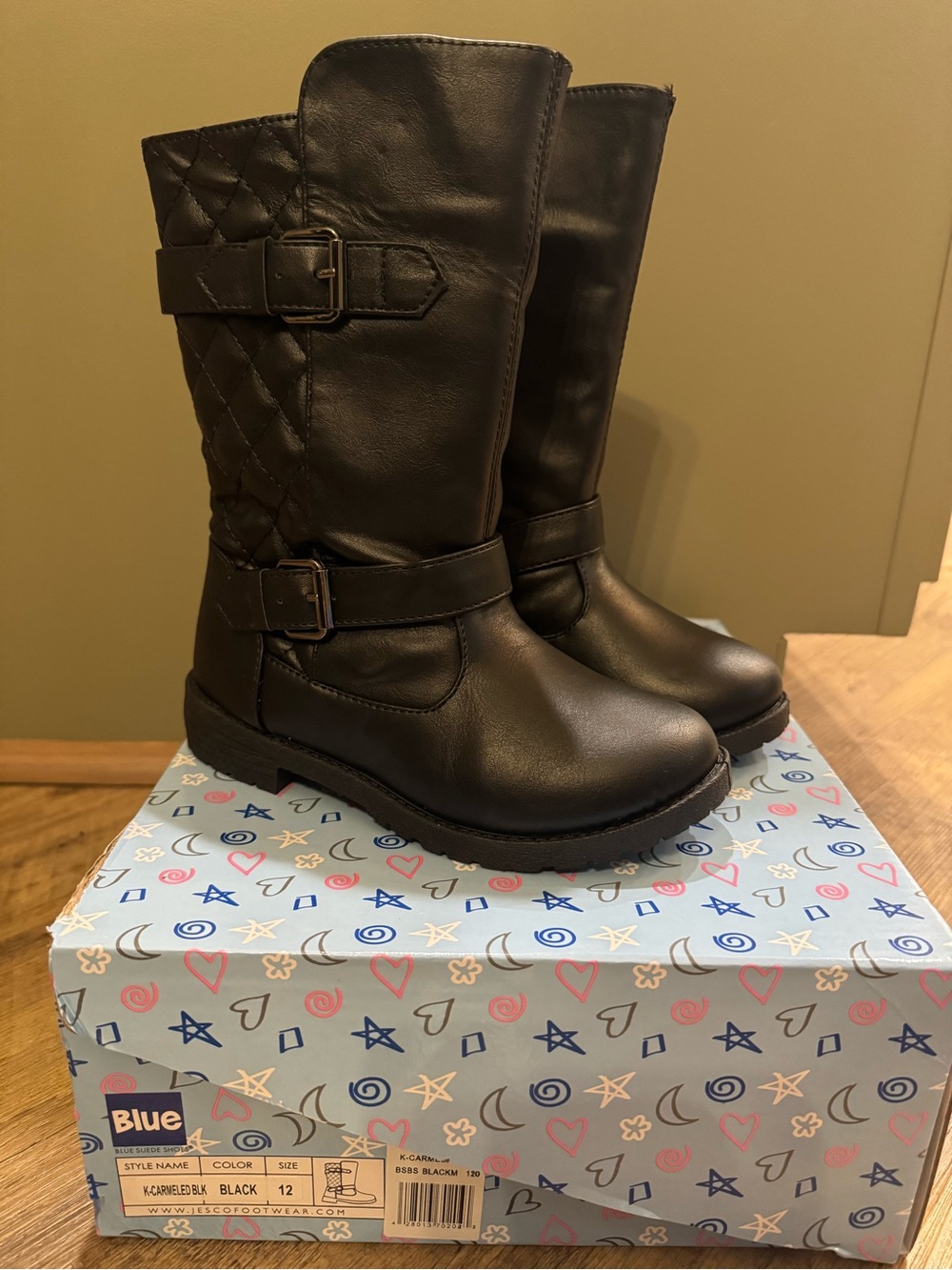 Kids Black Quilted Shaft Mid-Calf Boots with Buckle Accents